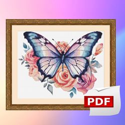 butterfly cross stitch,blue butterfly and roses counted cross stitch pdf pattern, colorful butterfly cross stitch