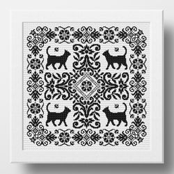 cat cross stitch pattern monochrome, sampler cross stitch, vintage embroidery, lace design, digital pattern