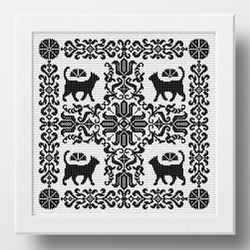 Lace Cat cross stitch pattern, Monochrome vintage embroidery, Digital pattern, Sampler cross stitch design