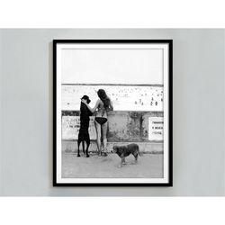 woman and dog in miami beach print, florida poster, black and white, vintage wall art, summer poster, hypebeast room dec