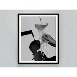 keep em coming, champagne print, black and white, cocktail wall art, bar cart print, trendy wall art, alcohol poster, vi