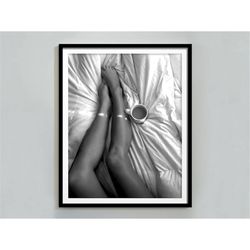 woman with coffee in bed poster, black and white, fashion print, kitchen wall art, coffee shop decor, girls bedroom prin