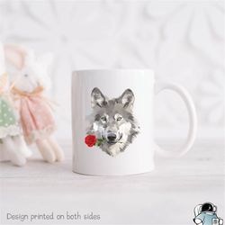 wolf holding rose coffee mug  spiritual animal lover gift