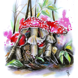 mushrooms painting fly agaric watercolor art forest floral aesthetics original artwork by ginna paola