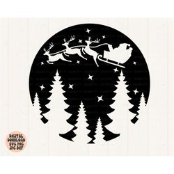 christmas forest svg, png jpg  dxf, santa's sleigh svg, christmas scene svg, reindeer svg, santa svg snowy christmas svg