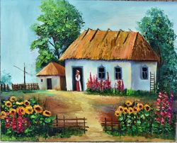 country house in bright colors. oil painting for a cozy interior.