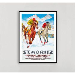 st moritz, suisse vintage horse racing poster - art deco, canvas print, gift idea, print buy 2 get 1 free