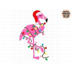 christmas flamingo svg, png, jpg, dxf, flamingo with santa hat svg, flamingo with christmas lights svg, holiday animal,