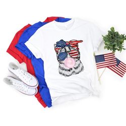 4th of july cat bubblegum, patriotic cat sunglasses bandana, bubble gum cat shirt, 4th of july gift, cat blowing bubble