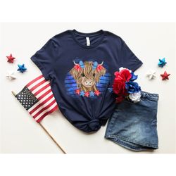 patriotic cow shirt, 4th of july t-shirt, independence day shirt, america flag, highland cow tee, cow bandana usa tees,