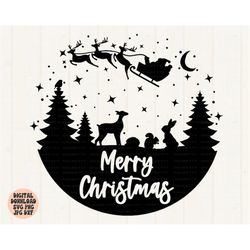 merry christmas svg, png, jpg, dxf, christmas forest svg, santa's sleigh svg, winter scene svg, christmas scene svg, sil