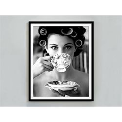 woman drinking coffee in paris poster, black and white, vintage print, kitchen & dining room wall art, coffee shop decor