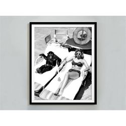 chimpanzee and woman on beach print, black and white funny wall art, girls bathroom decor, retro poster, fashion photo,