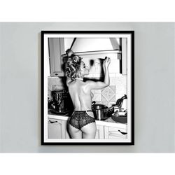 sexy girl eating spaghetti poster, black and white, pasta print, sexy kitchen, wall art, teen girl room decor, farmhouse