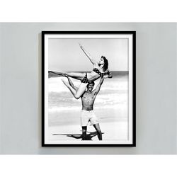 cindy crawford on the beach print, black and white, vintage poster, fashion photography, teen girl room decor, wall art,