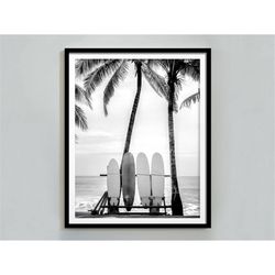 surfboards on hawaii beach print, black and white, vintage print, surfboard wall art, beach house decor, beach photograp