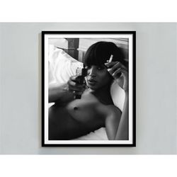 naomi campbell smoking poster, feminist print, black and white, vintage photo, printable wall art, fashion photography,