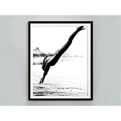 woman swimming print, black and white, beach photography, diving, feminist poster, girls bedroom decor, printable wall a