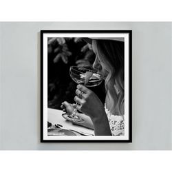 woman drinking martini poster, black and white photo, fine art print, martini wall art, digital download, cocktail wall