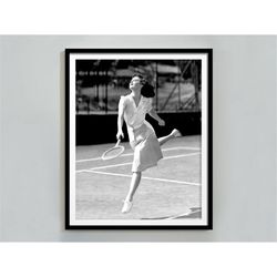 ava gardner playing tennis poster, black and white, vintage print, fashion photography, old hollywood print, tennis wall