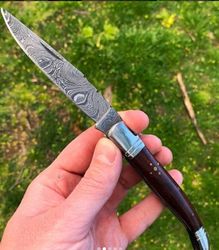 hand forged damascus folding knife , custom made damascus steel pocket folding knife