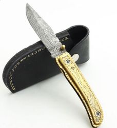 superior custom hand made damascus steel folding knife , edc pocket knife with hand engraved brass