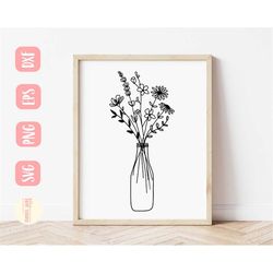 milk bottle wild flowers svg, flower svg, floral svg, milk bottle svg, line drawing svg, wildflower svg, svg,png, eps, d