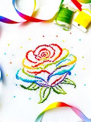 shining rose cross stitch pattern pdf by crossstitchingforfun instant download, rainbow rose cross stitch pattern pdf