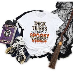 thick thighs and spooky vibes shirt, halloween shirt, leopard halloween shirt, spooky shirt, halloween shirts, spooky vi