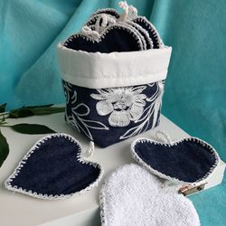 eco-friendly self care gift set: 10 reusable face pads, embroidered boho denim basket, sustainable skincare