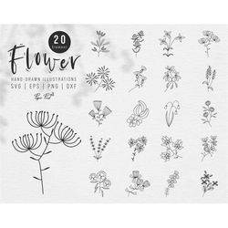 flower bundle svg, botanical svg, flower bouquet svg, wildflower svg, leaves svg, plant svg, line drawing svg, garden sv