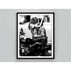 romance on the motorcycle print, black and white, vintage poster, romantic wall art, couple poster, romantic bedroom dec