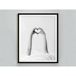 woman wih heart in bed print, feminist poster, black and white, bedroom wall art, self love print, teen girl room decor,
