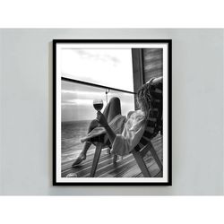 woman drinking wine at miami beach print, feminist poster, black and white, bar cart print, alcohol poster, teen girl wa
