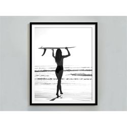 black and white surfer print, vintage beach wall art, surf poster, feminist print, teen girl wall art, maximalist decor,