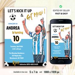 printable lionel messi birthday invitation, football party invite, argentina soccer theme, sport invitation, personalize
