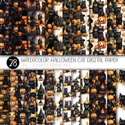 seamless watercolor halloween cat digital papers