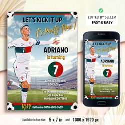 printable cristiano ronaldo birthday invitation, cr7 football party invite, portugal soccer theme, sport invitation