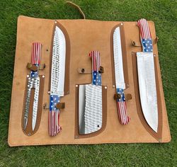 kitchen chef knives set, handmade d2 tool steel hand forged personalized kitchen chef knives set with leather roll kit