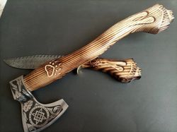 custom handmade axe and dagger with leather sheath, out door hunting knife axe with leather sheath