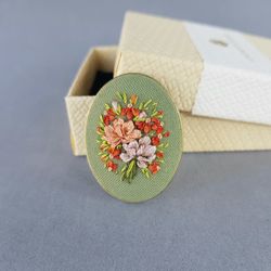 ribbon embroidered green brooch, 4th wedding anniversary gift, custom embroidery bouquet
