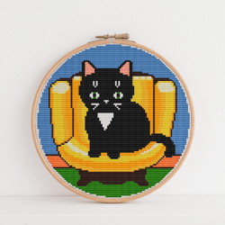 cat cross stitch pattern cute black kitten, modern cross stitch hoop art embroidery, simple cats x-stitch pattern