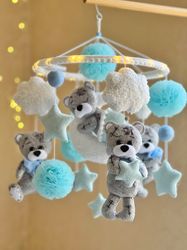 Baby boy mobile crib, Nursery mobile cot, Kid mobile felt, Hanging mobile musical