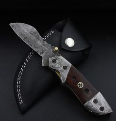 custom hand-made damascus steel pocket folding knife hunting camping knife