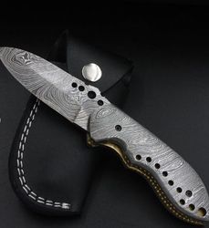 superior custom hand made damascus steel folding knife , edc pocket knife with hand engraved brass