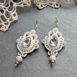 bridal earrings, wedding earrings, white and silver earrings, soutache bead embroidered earrings, rhinestone earrings