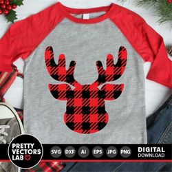Buffalo Plaid Reindeer Svg, Christmas Svg, Reindeer Head Svg Dxf Eps Png, Kids Cut Files, Xmas Shirt Design, Deer Clipar