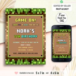 printable minecraft birthday invitation, game on kids party invite, video game theme, boy pixel game invitation