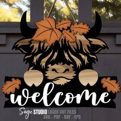 fall highland cow svg | laser cut files | fall svg | cow svg | welcome sign svg | front door sign svg | glowforge files