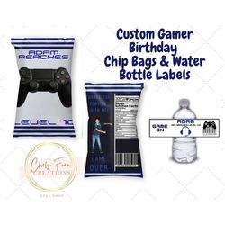 video game birthday party favors--chip bag & water bottle label